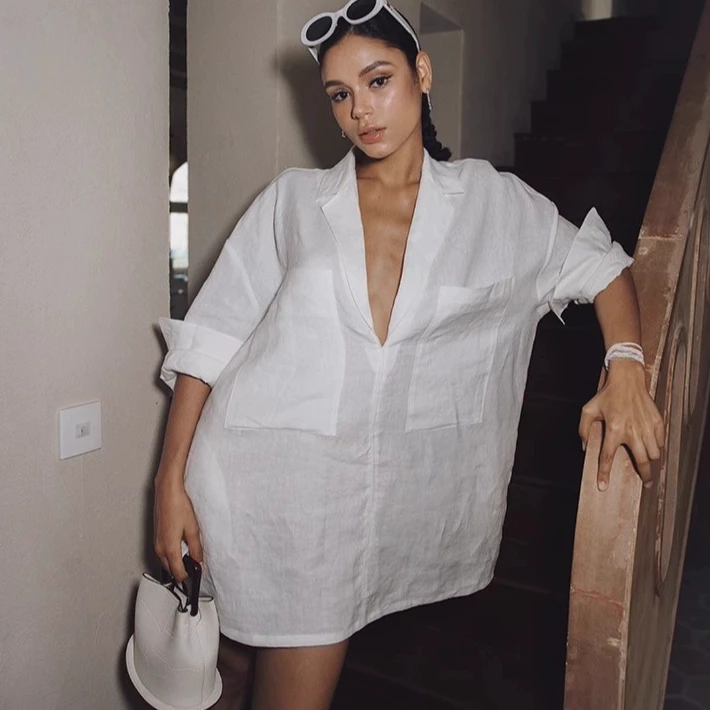 欧货夏季亚麻长袖白色新款设计感上衣小众宽松老钱风松弛感女装