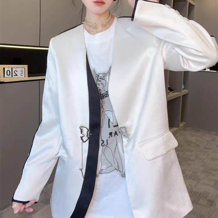 欧洲站2025春季女V领撞色拼接百搭显瘦假两件蝴蝶扣休闲西装外套