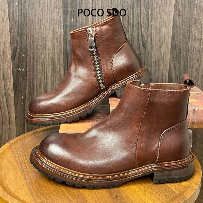 POCO SDO马臀皮切尔西靴侧拉链男秋冬透气高帮皮鞋男款厚底工装靴
