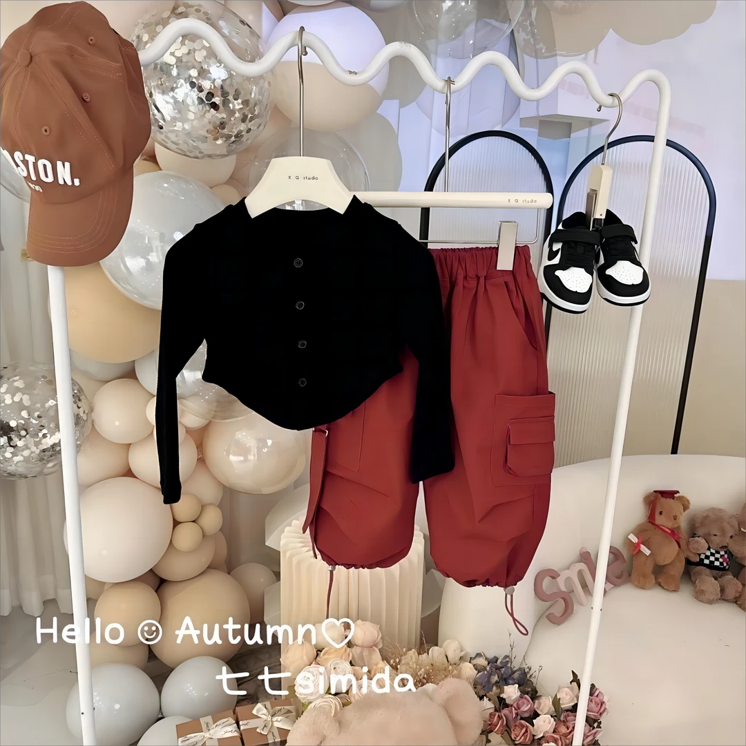 女童套装2025春季新款韩版打底衫外穿时髦洋气工装裤阔腿裤两件套