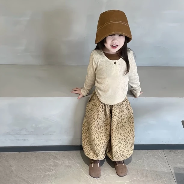 女童可爱套装儿童2025秋季款韩版拼接打底衫上衣碎花宽松灯笼裤子