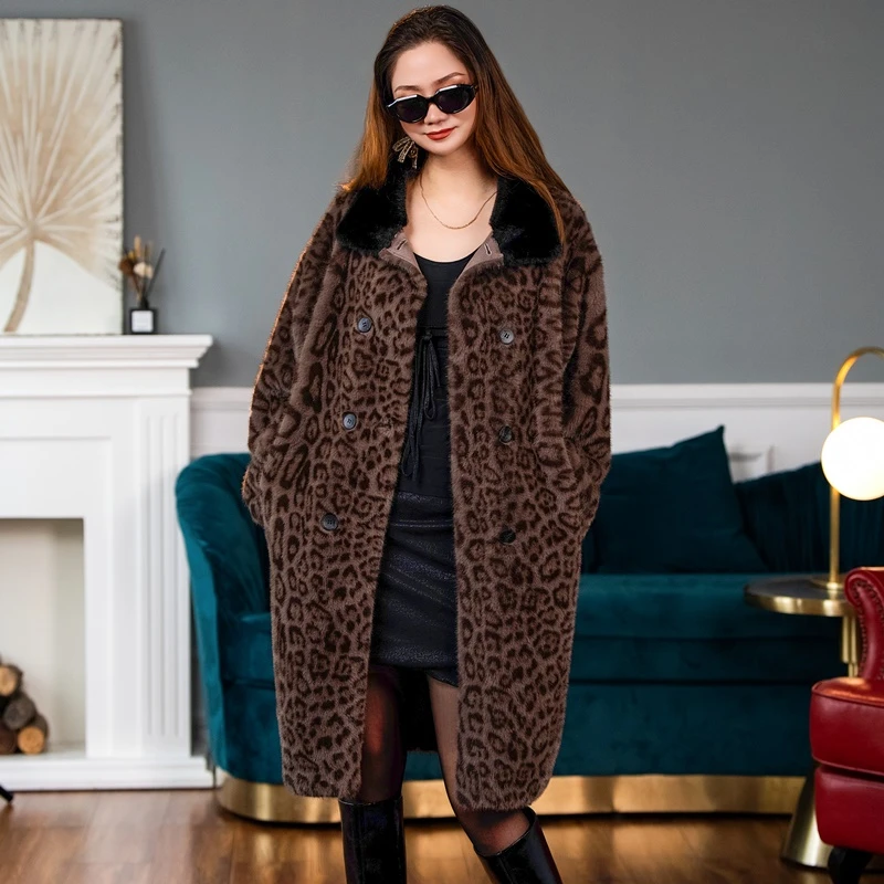 【HAS】黑领豹纹女士中长款时尚轻奢大牌高级感毛毛外套8305气质