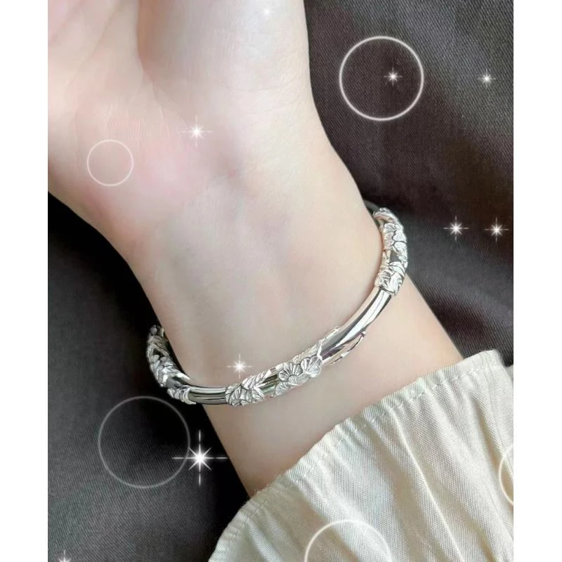 足银银制品 繁花似锦手镯 繁花推拉镯 光面实心可调节（623）