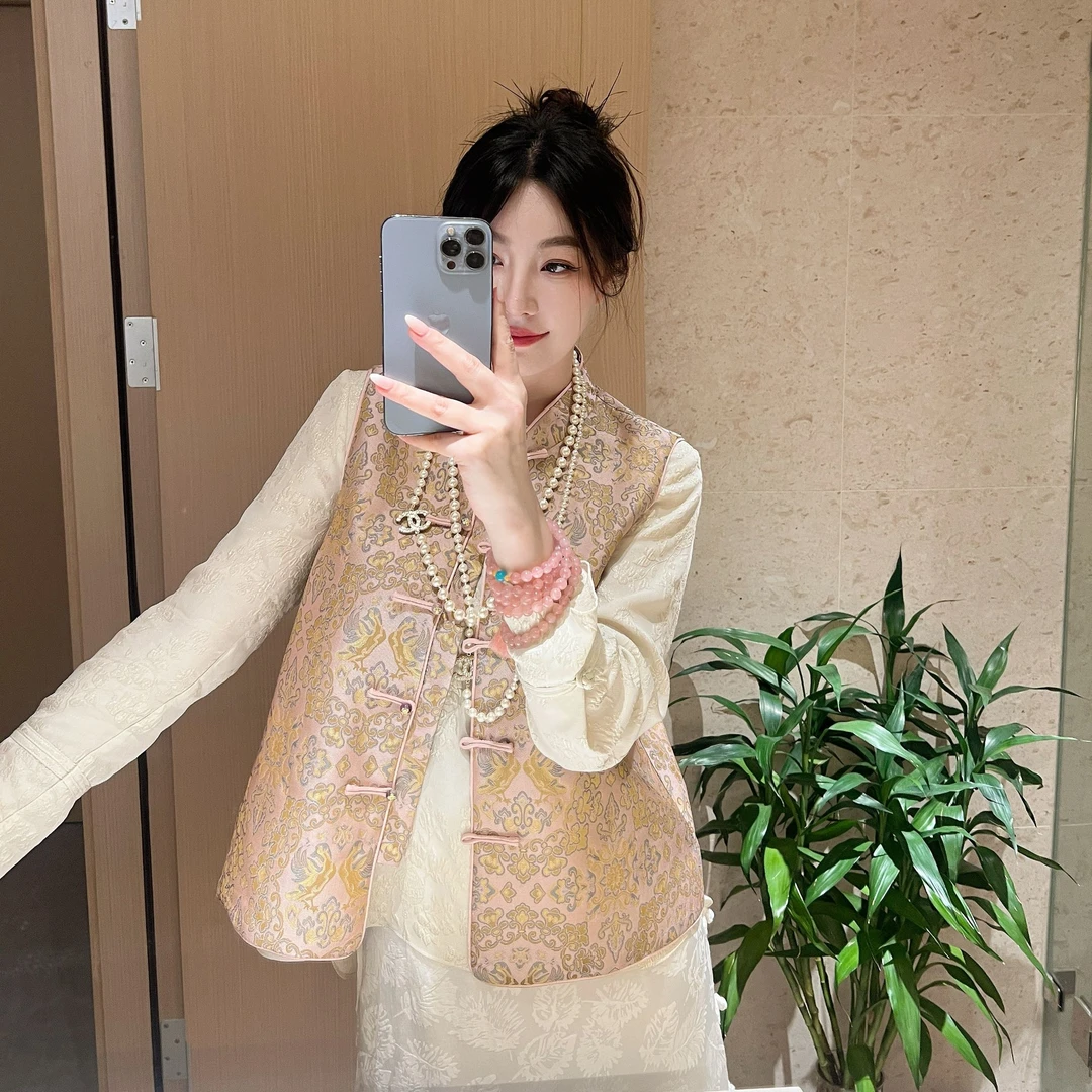 1店【未时梦】粉黛飞花 新中式国风无袖休闲百搭粉色提花马甲上衣