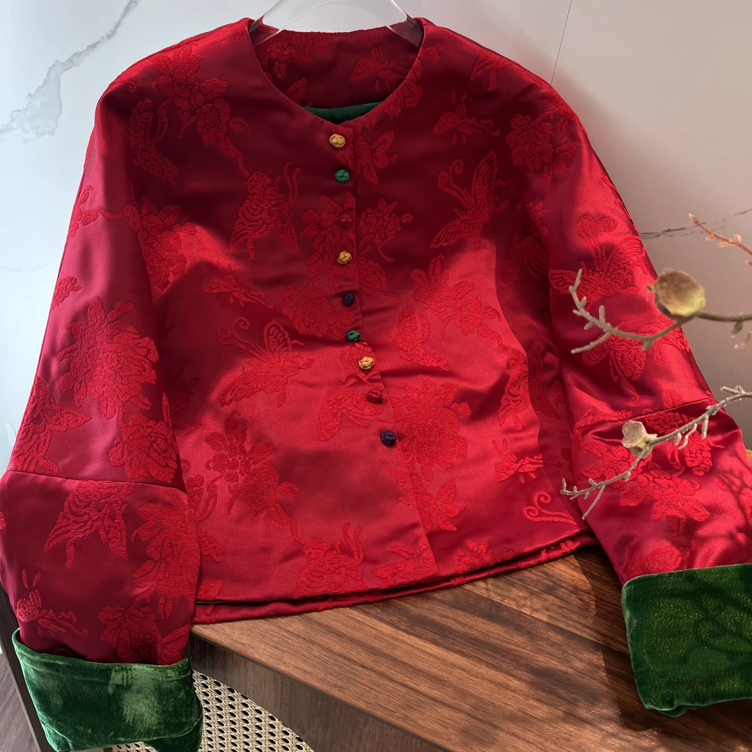 【未时梦】红玫瑰 新中式中国风复古百搭圆领红色秋冬年服外套上衣