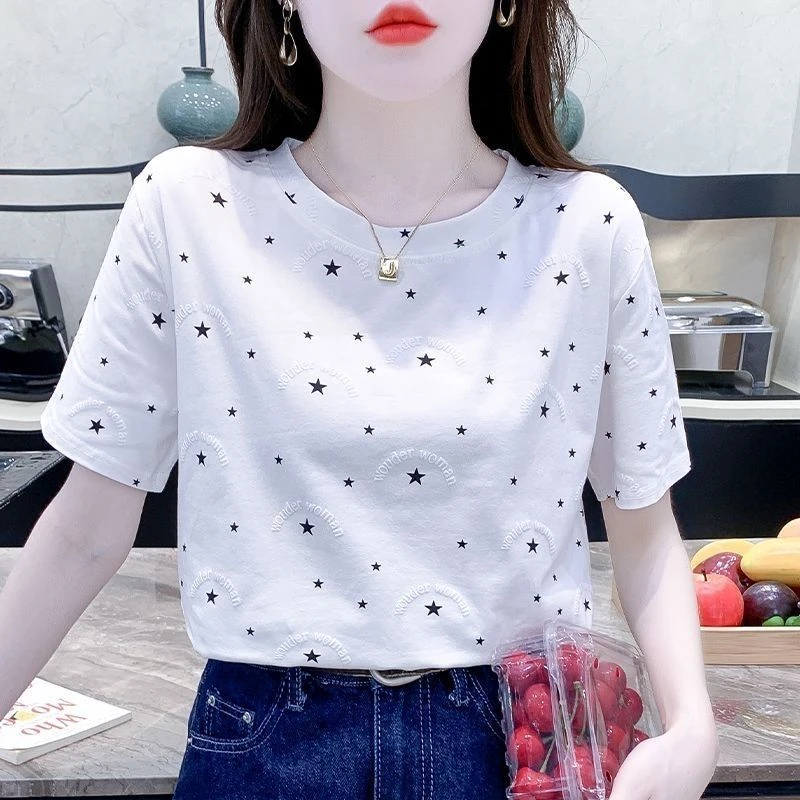 夏季女士圆领短袖t恤新款宽松大码显瘦胖mm白色半袖洋气上衣ins潮