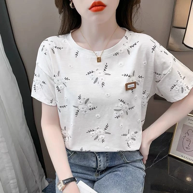 时尚t恤女士白色2024年新款夏季宽松圆领ins潮创意半袖内搭上衣潮