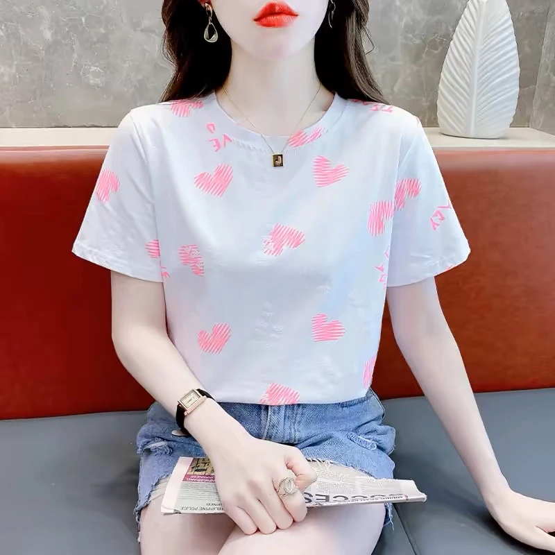 白色短袖t恤女士夏季洋气百搭宽松大码胖mm爱心设计时尚显瘦上衣