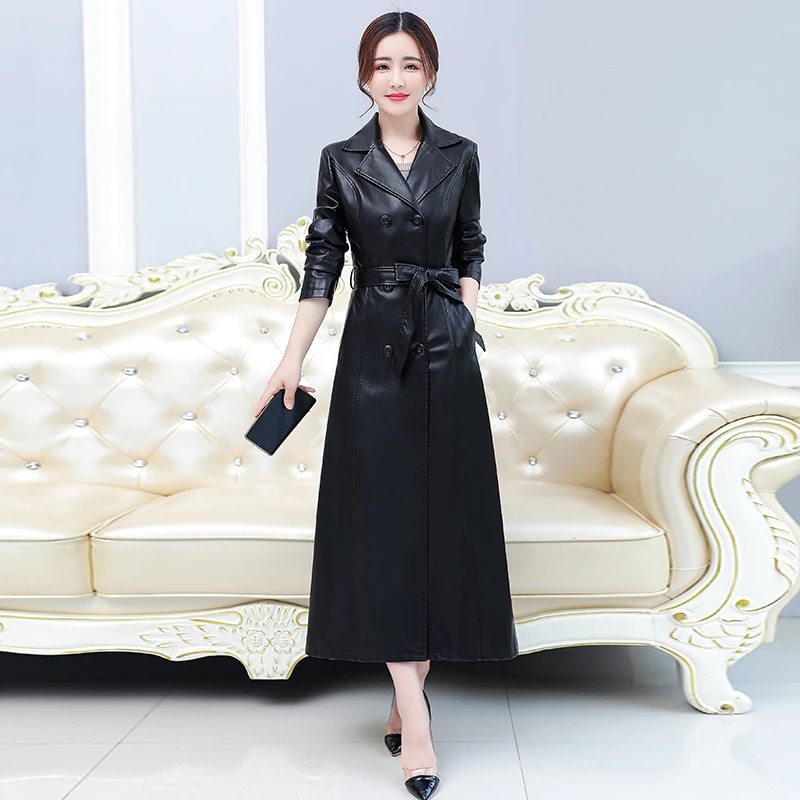 海宁春秋皮衣女新款长款韩版修身大码女装皮风衣气质外套潮显瘦