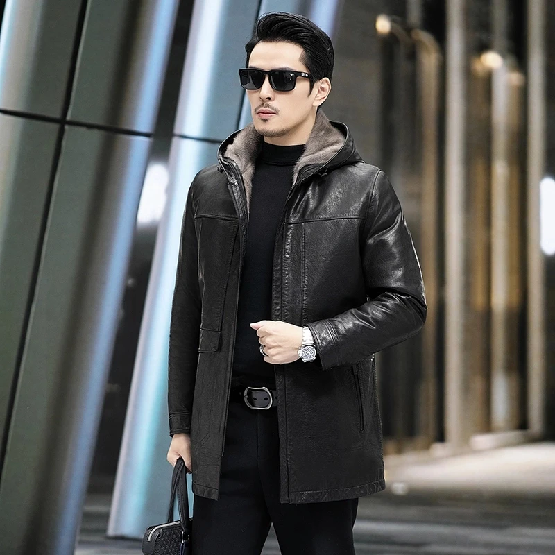 2024海宁真皮皮衣男山羊皮中长款连帽脱卸银兰水貂内胆整貂冬2329