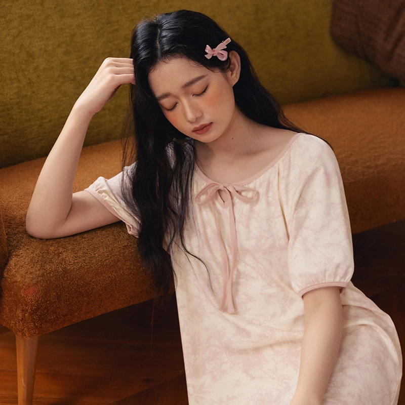 夏季粉色扎染风短袖A类纯棉睡裙少女撞色圆领抑菌防螨睡衣家居服