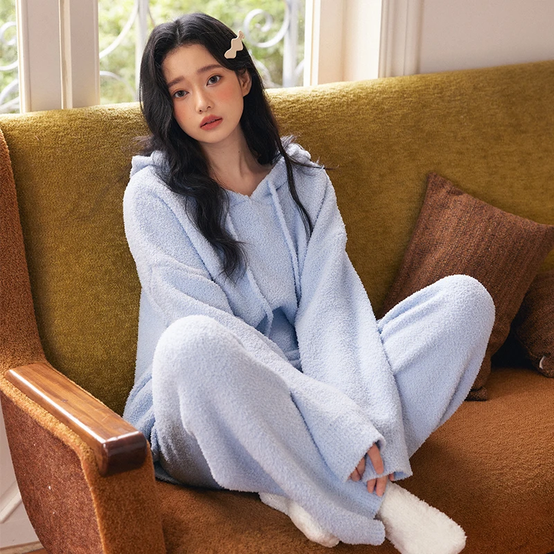 可外穿连帽衫软绵绵半边绒睡衣秋冬季高级感蓝色加绒保暖家居服