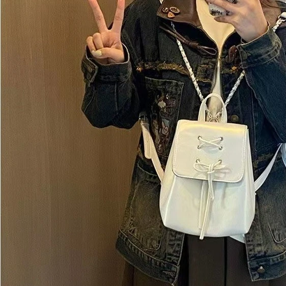 蝴蝶结绑带双肩包百搭真皮复古新款洋气双肩小背包芭蕾包韩版质感