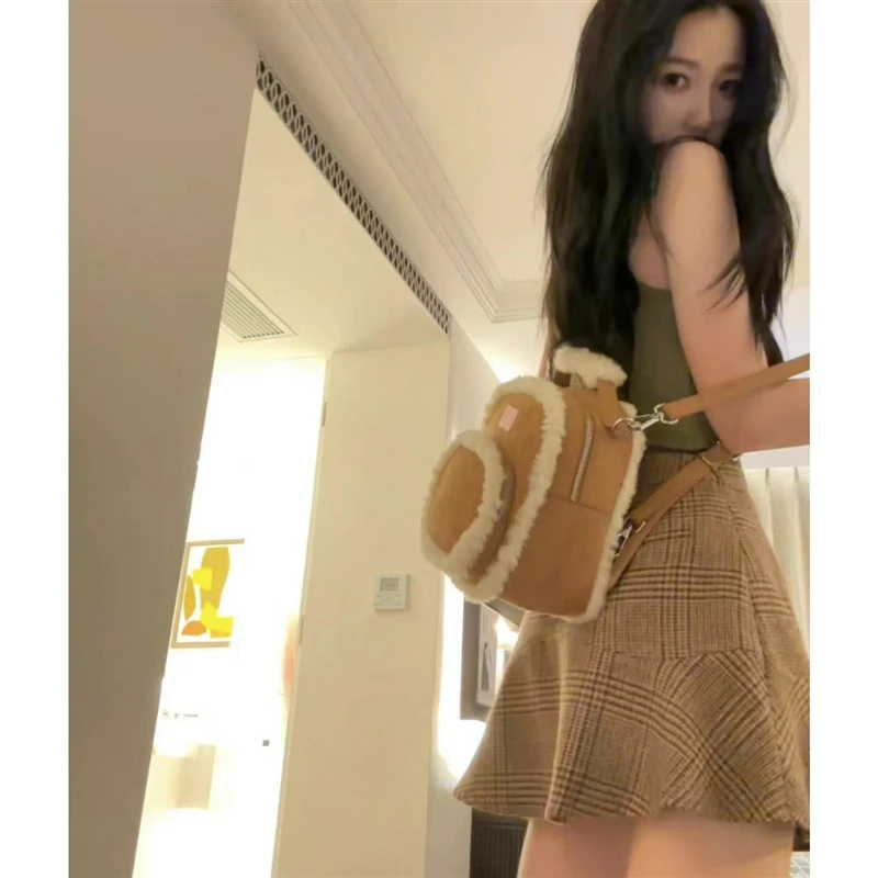 虞书欣同款小众复古美拉德包包女羊羔毛绒面双肩包百搭手提单肩包