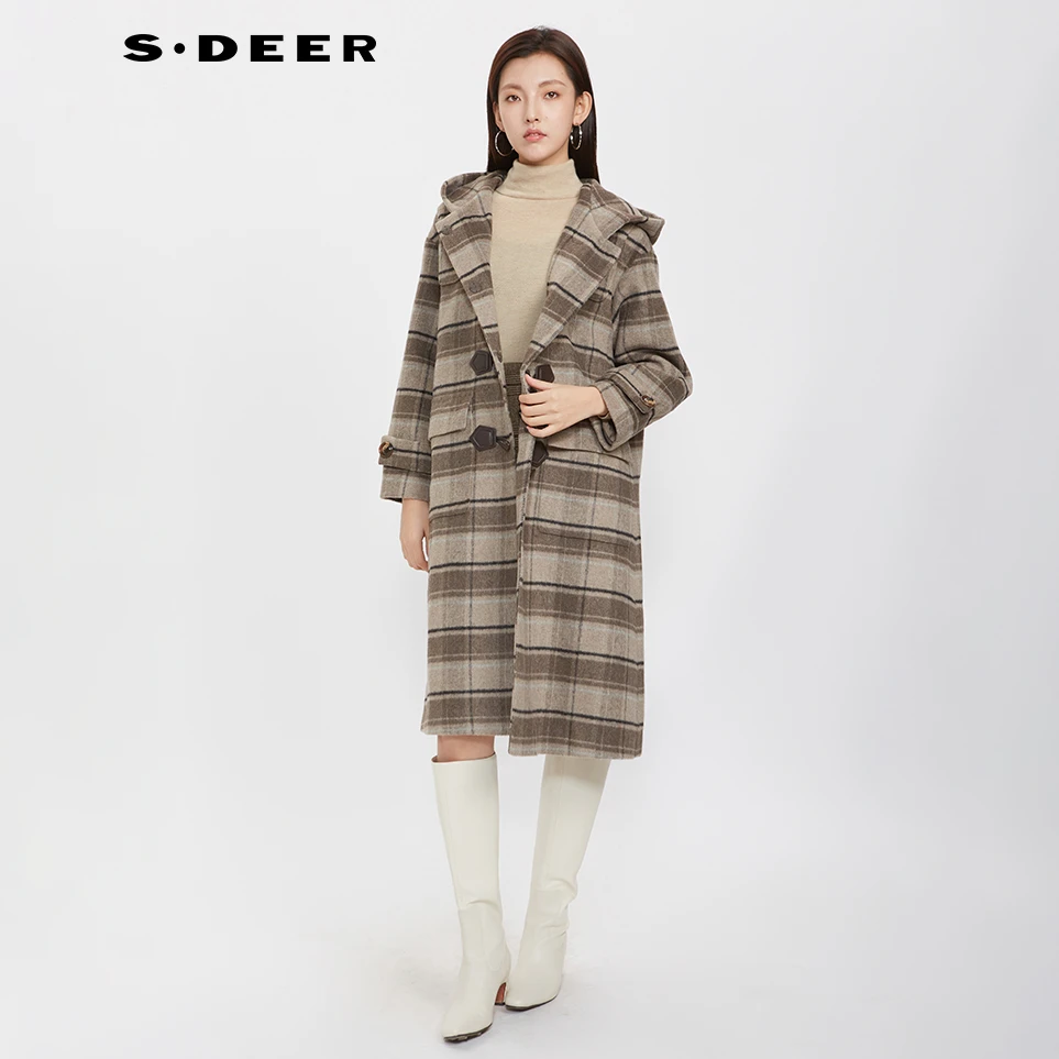 S·DEER圣迪奥时尚毛呢中长款经典格子双面呢格纹外套S244Z2504