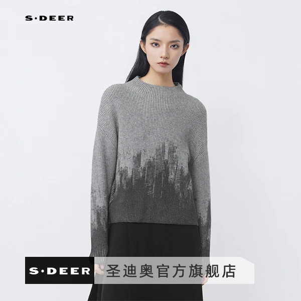 S·DEER秋冬季时尚通勤百搭罗纹圆领泼墨印花长袖针织衫S21483507