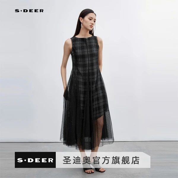 S·DEER黑色复古时尚气质设计师格纹拼接网纱修身无袖长款连衣裙