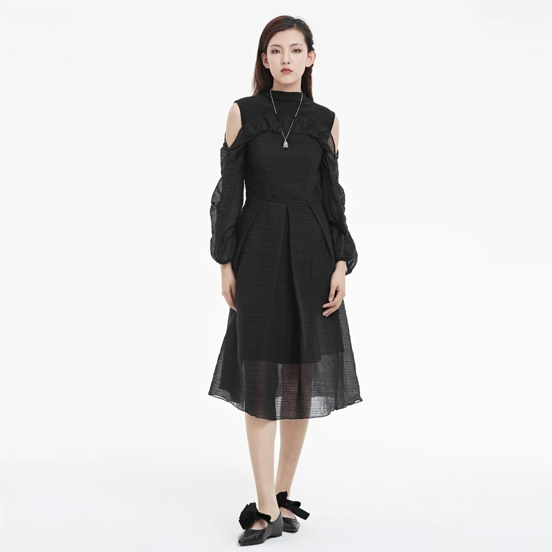 S·DEER圣迪奥夏季小黑裙时尚气质显瘦蕾丝拼接网纱露肩女装连衣裙