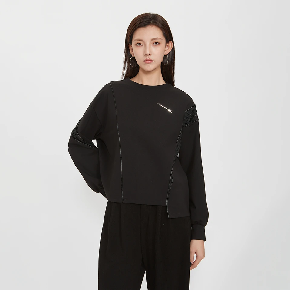 S·DEER时尚休闲设计师不规则圆领宽松拼接百搭女装卫衣S244Z3301