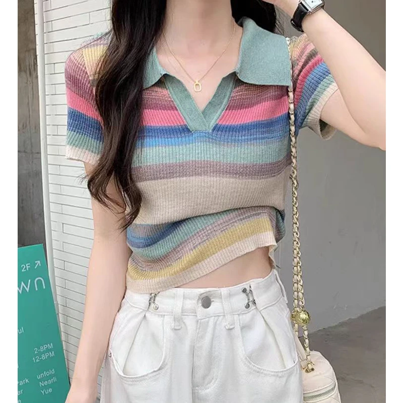 韩秀谷彩虹条纹翻领短袖T恤女2025夏季新款修身打底衫上衣2221青
