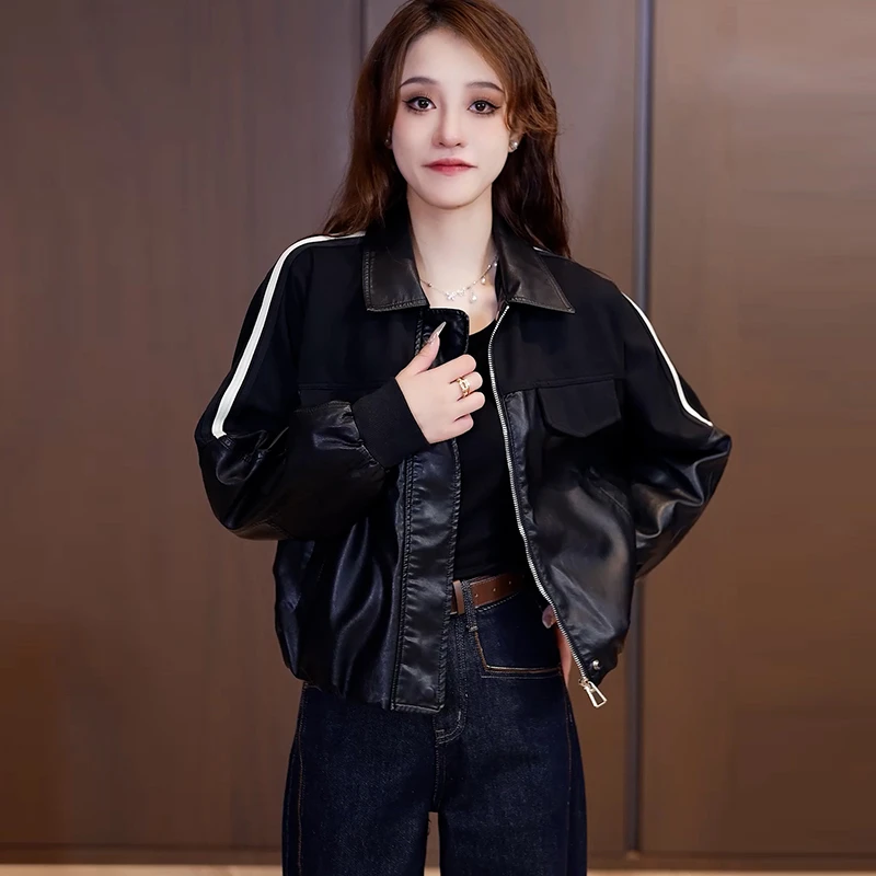 时尚百搭气质显瘦宽松休闲撞色条纹外套上衣秋季女士黑色4004