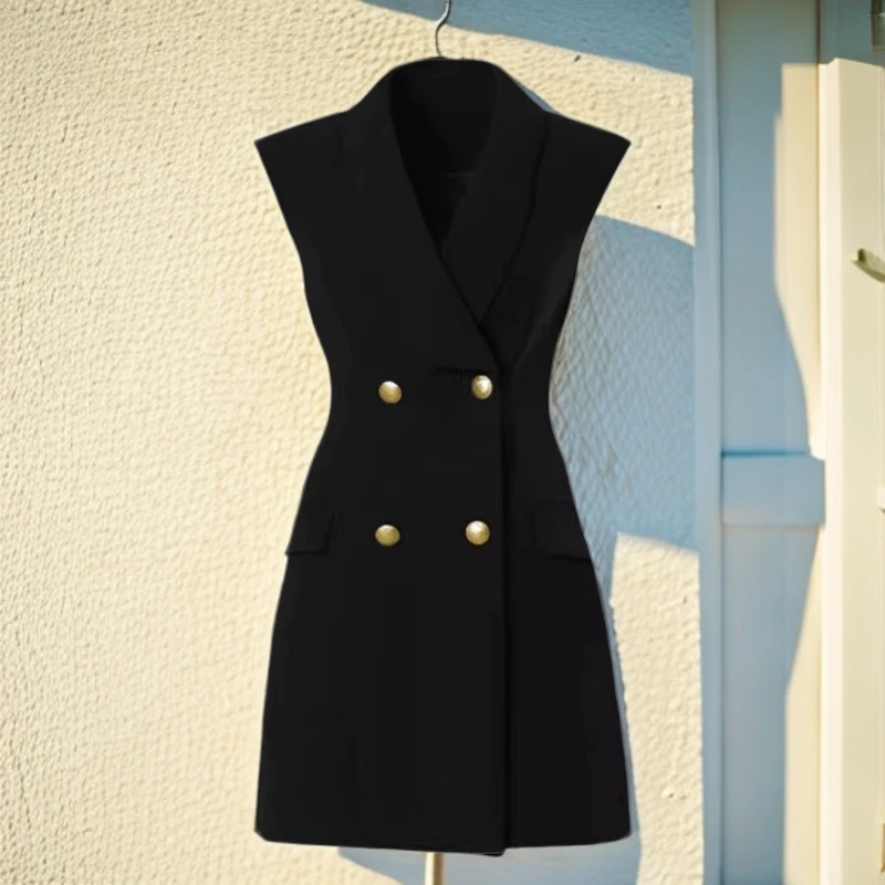 西装连衣裙春秋女秋季新款马甲裙西装裙黑色无袖背心裙通勤新0571