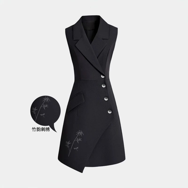 晴空黑艺术刺绣无袖连衣裙女士春秋新款修身显瘦中长款QMR053268