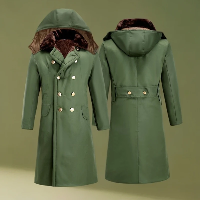军绿大衣保暖棉大衣男士冬款加绒加厚防寒工作服长款过膝带帽子