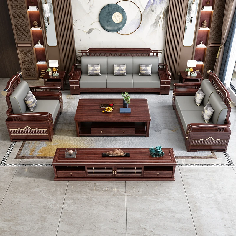 大乌金木真皮新中式客厅大户型禅意古典轻奢家用别墅储物沙发木质