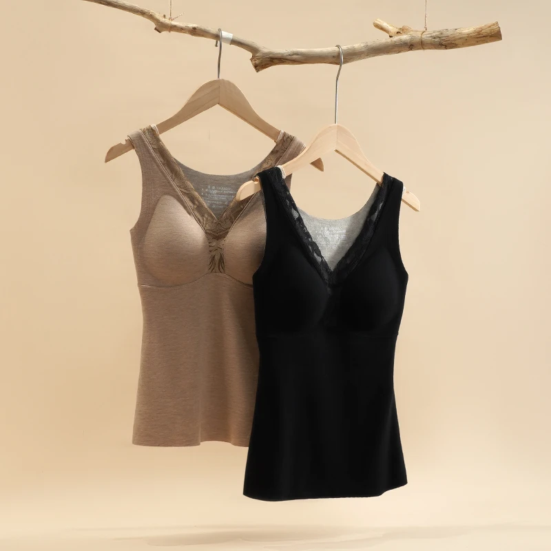 沁曼女士智暖滋养保暖蕾丝背心M0180加绒加厚暖背