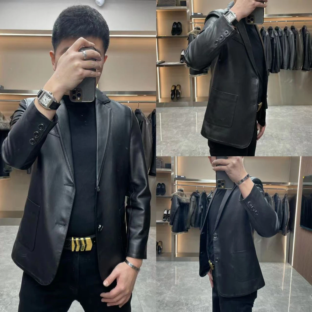 头层绵羊皮植油商务轻奢简约皮西服男士修身黑色真皮春秋短款
