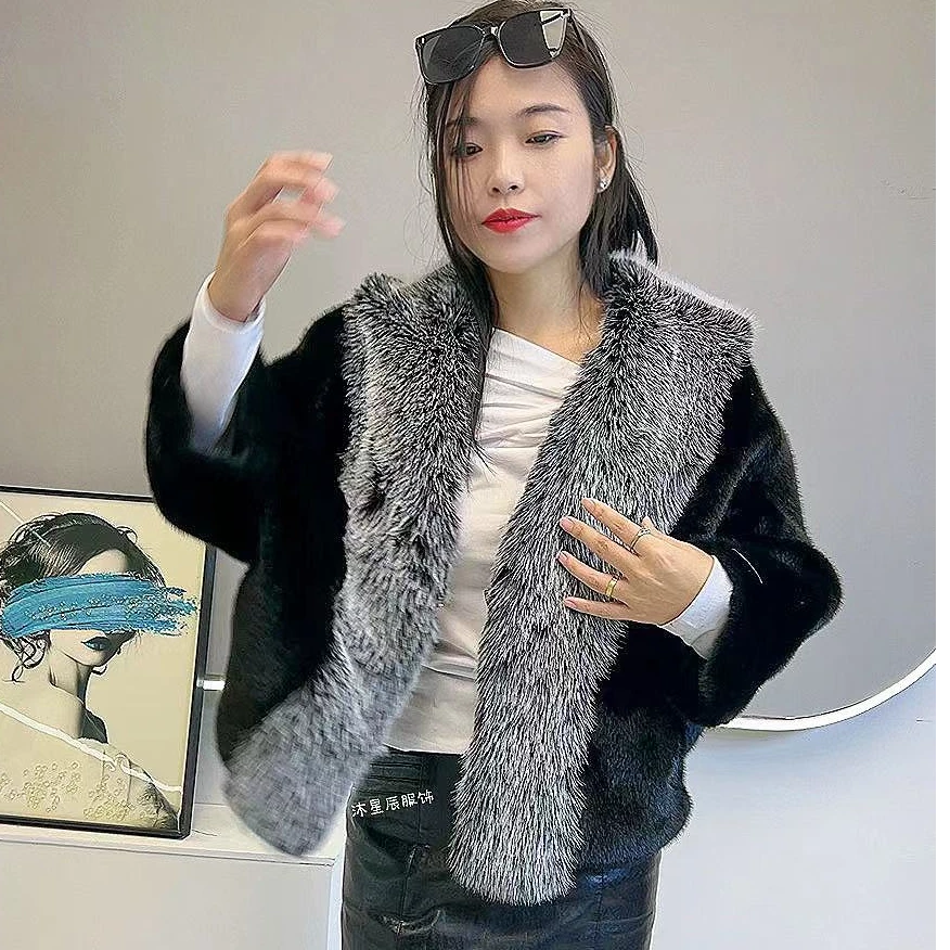 女环保毛2023冬季大毛领年轻韩版短款宽松蝙蝠袖气质升级款外套