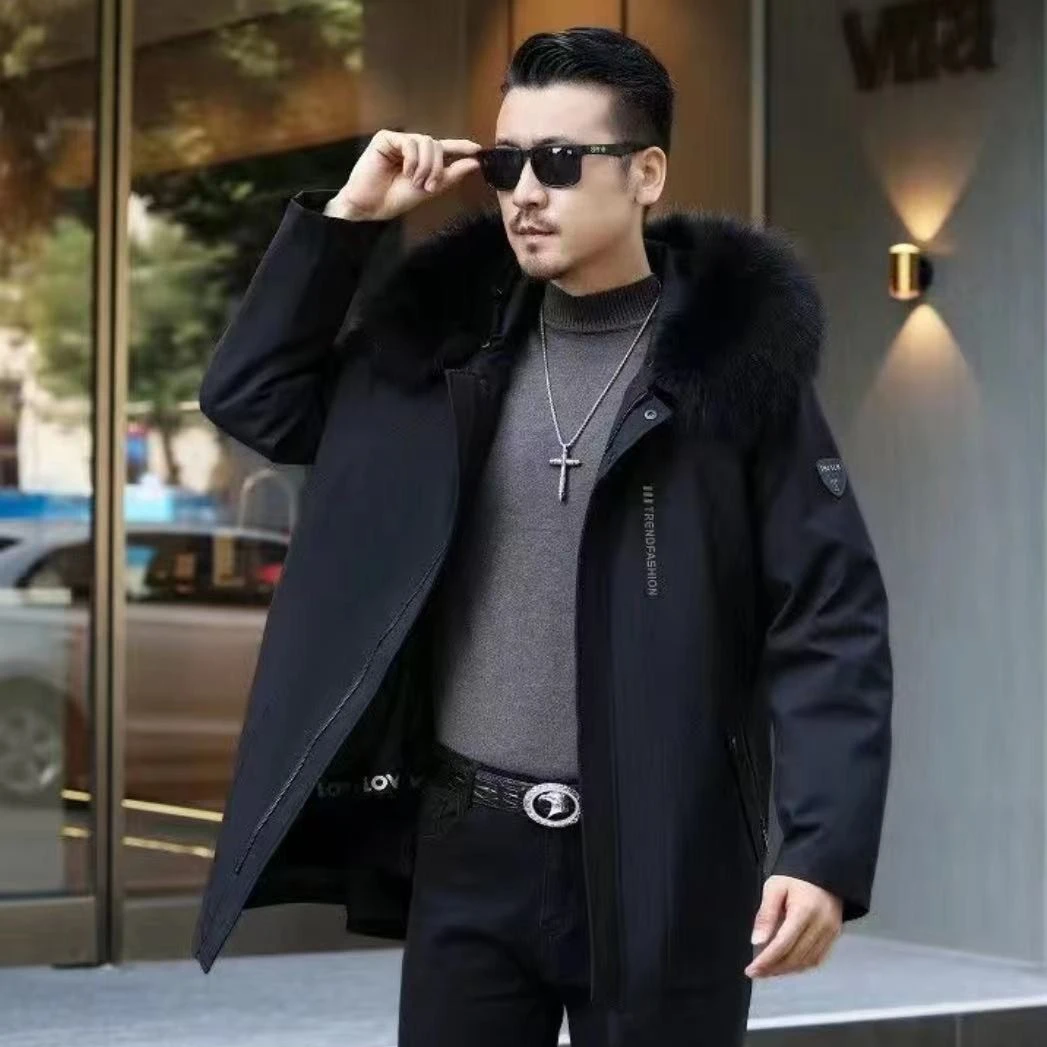 2022年男士秋冬新款派克服可脱卸内胆一衣两穿连帽中长款网红同款