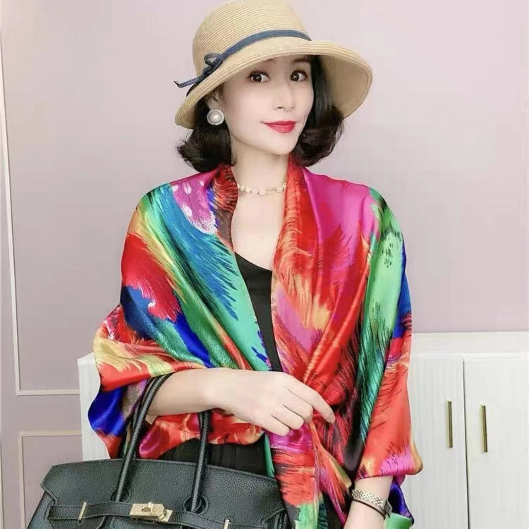 061历锦锻丝巾七彩羽毛新款时尚百搭印花高奢围巾高端披肩80*180