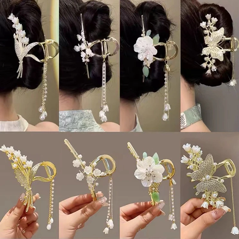 发夹女2024新款古风流苏花朵抓夹大号后脑勺鲨鱼夹头饰马面裙配饰