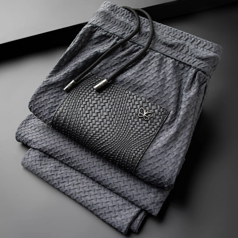 轻奢设计夏季薄款冰丝千鸟格休闲运动裤男修身高端提花束脚卫裤男