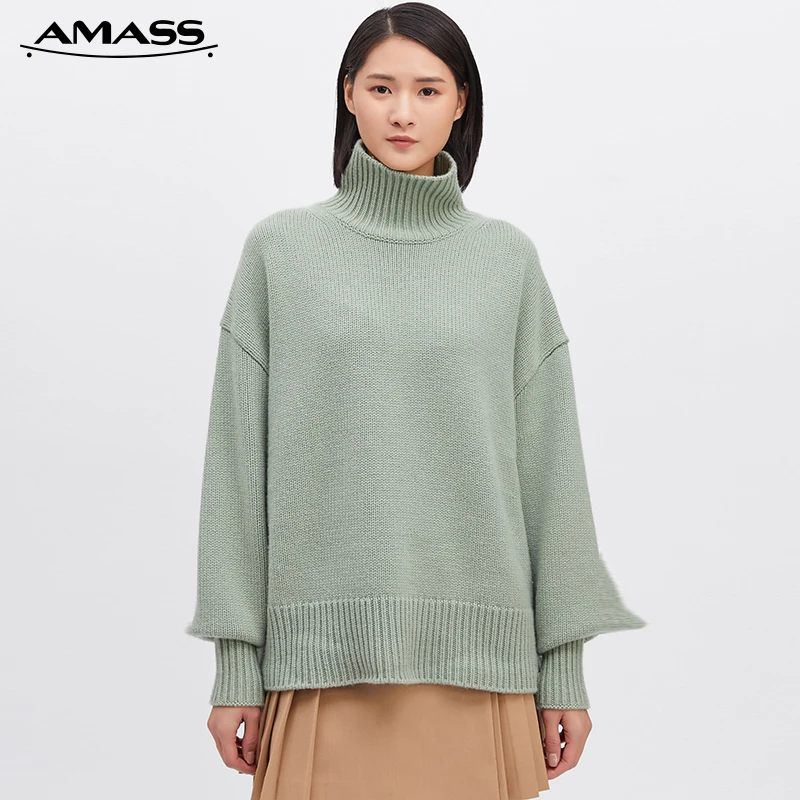 阿玛施AMASS高领羊绒衫老风纯色长袖保暖山羊绒针织衫5399410
