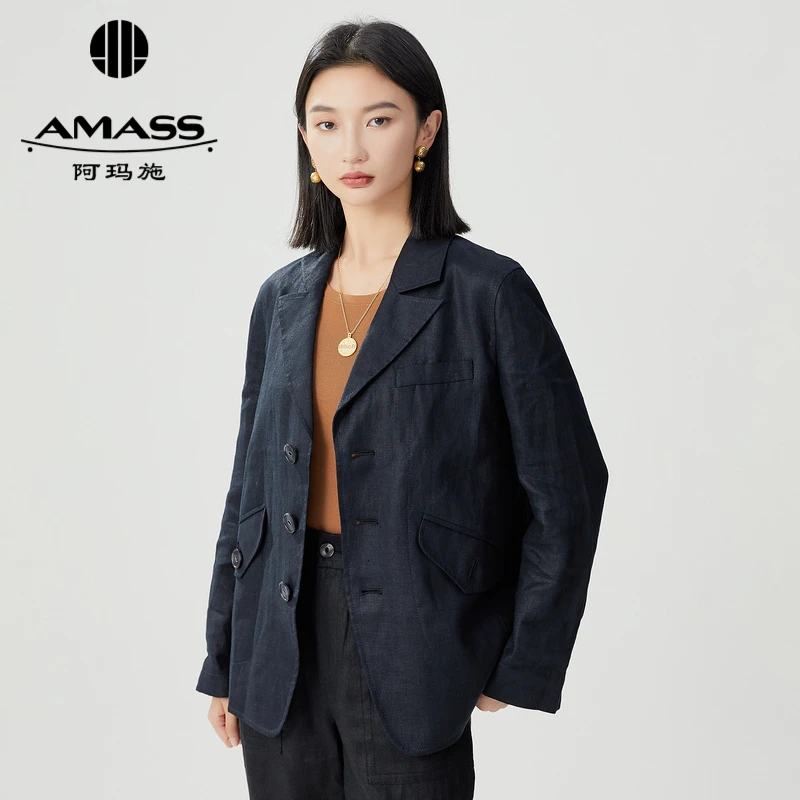 阿玛施AMASS新款显瘦纯色通勤亚麻西装外套长袖单排扣西服5400766
