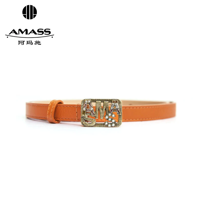 阿玛施AMASS新款时尚字母方扣复古针扣软面百搭牛皮腰带女5900409