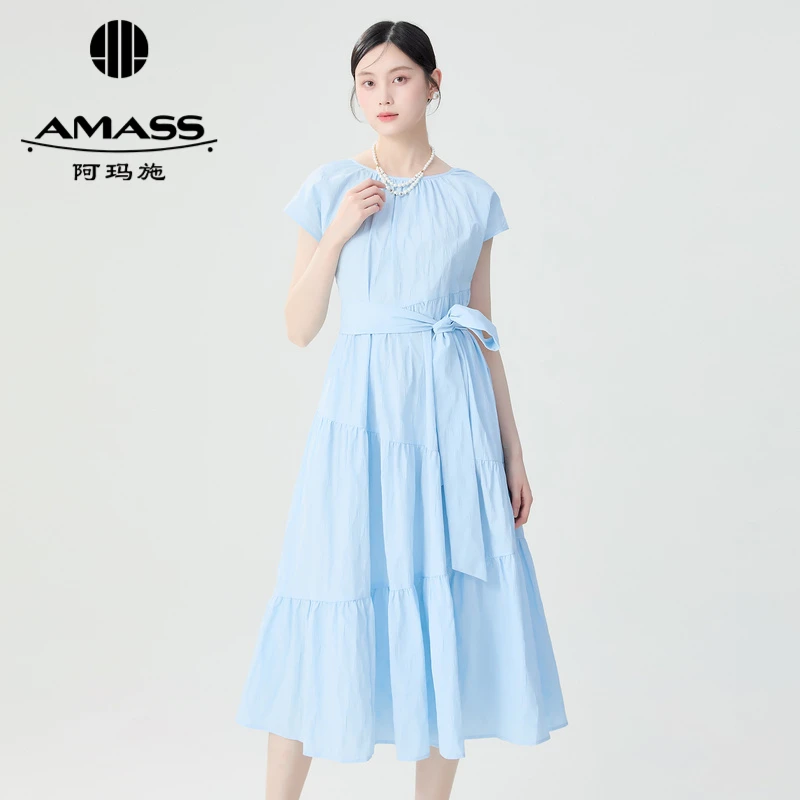 阿玛施AMASS新款时尚高气质肌理感圆领抽褶插肩袖连衣裙女5500533