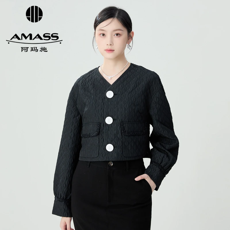 阿玛施AMASS新款新中式东方韵味V领提花短款宽松长袖外套5400922