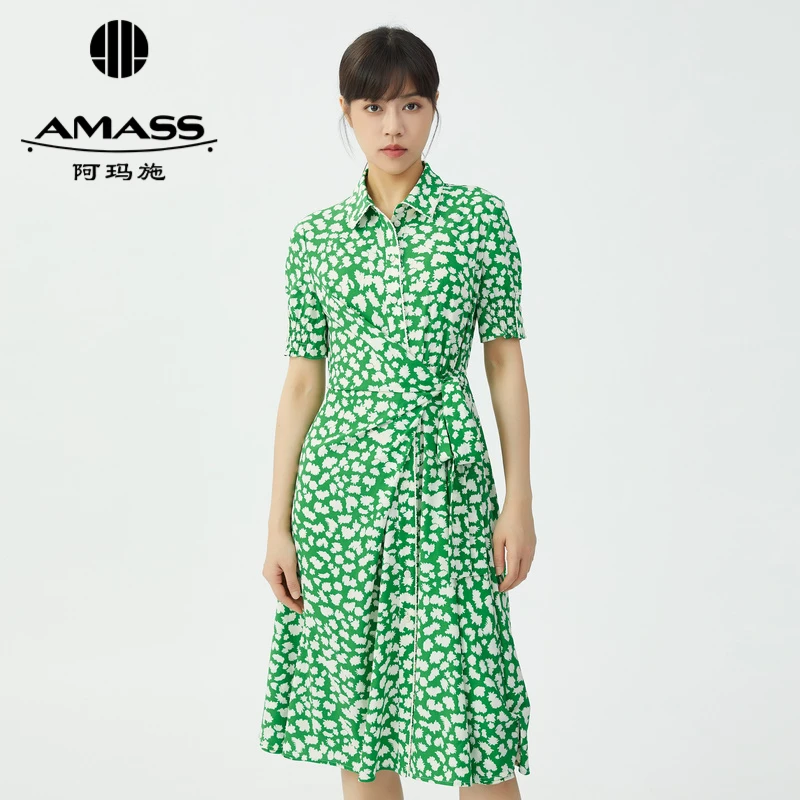 阿玛施AMASS新款女装质感通勤印花翻领系带高腰连衣裙中裙5500453