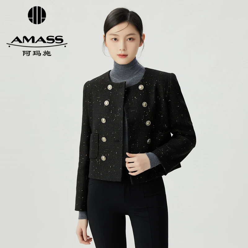 阿玛施AMASS通勤圆领双排扣长袖经典千金小香风花呢外套5400837