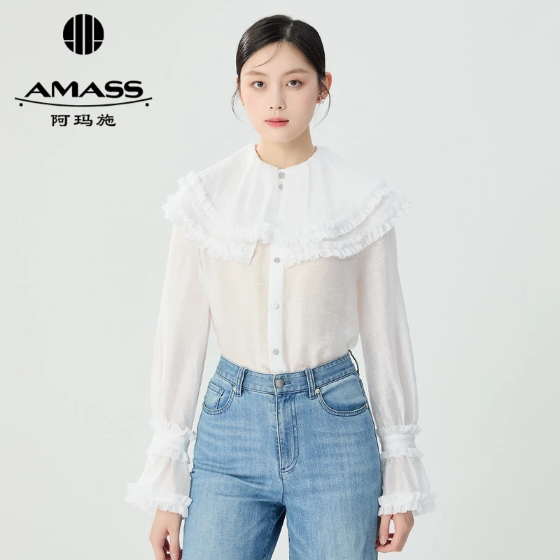 阿玛施AMASS时尚经典复古宫廷风精致高级气质感蕾丝衬衫女5300805