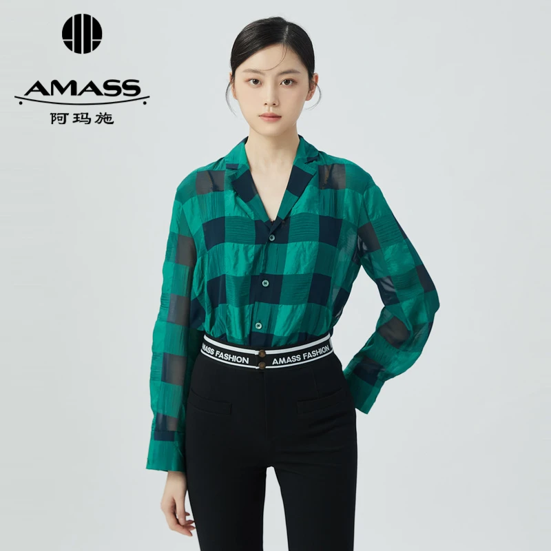 【二折商品，不退不换】阿玛施AMASS通勤长款格纹衬衣女衬衫5300565