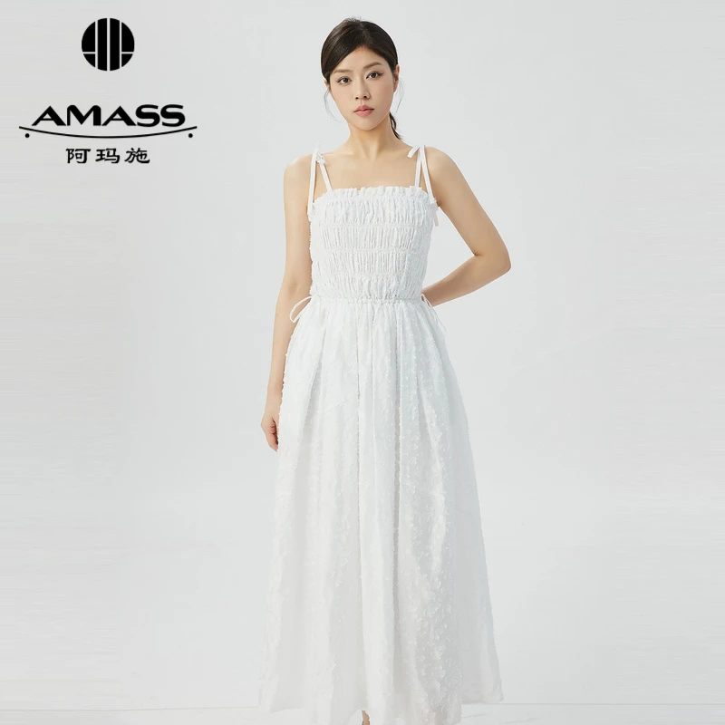 阿玛施AMASS新款女装显瘦气质白月光吊带无袖纯色连衣长裙5500497