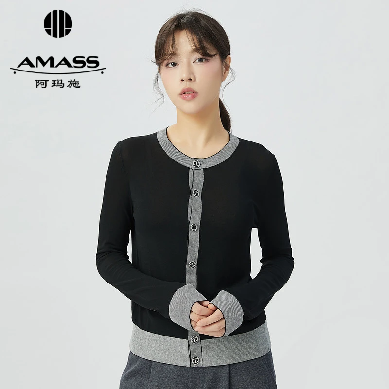 阿玛施AMASS法式简约千金小香风圆领排扣长袖拼色针织开衫5499212