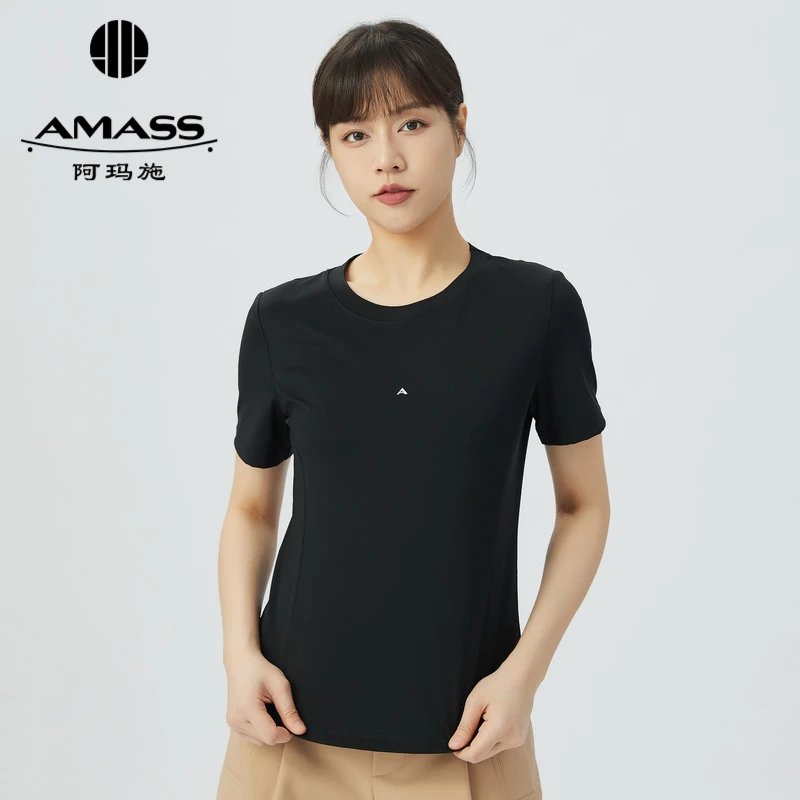 阿玛施AMASS新款女装休闲通勤素色百搭圆领修身短袖T恤5300804