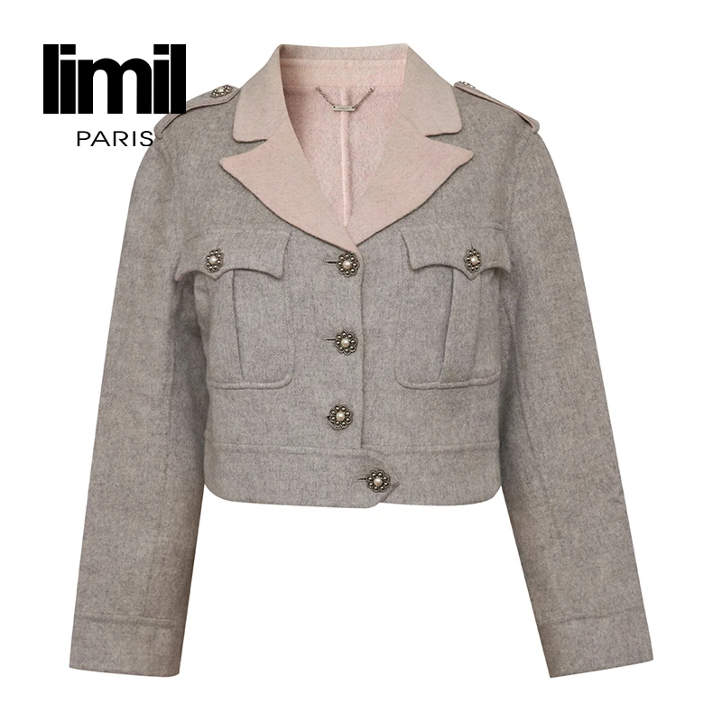 阿玛施丽米儿lil时髦翻领拼色纽扣双面尼短款外套女9001-400227