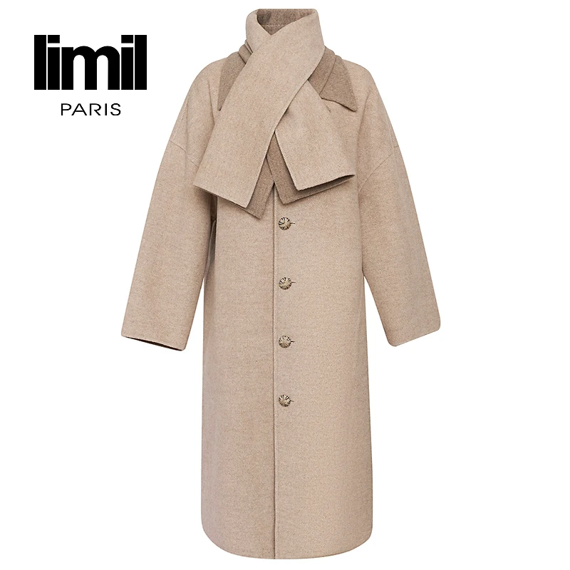 阿玛施丽米儿limil新款高级质感廓形小翻领羊毛大衣附围巾9400186